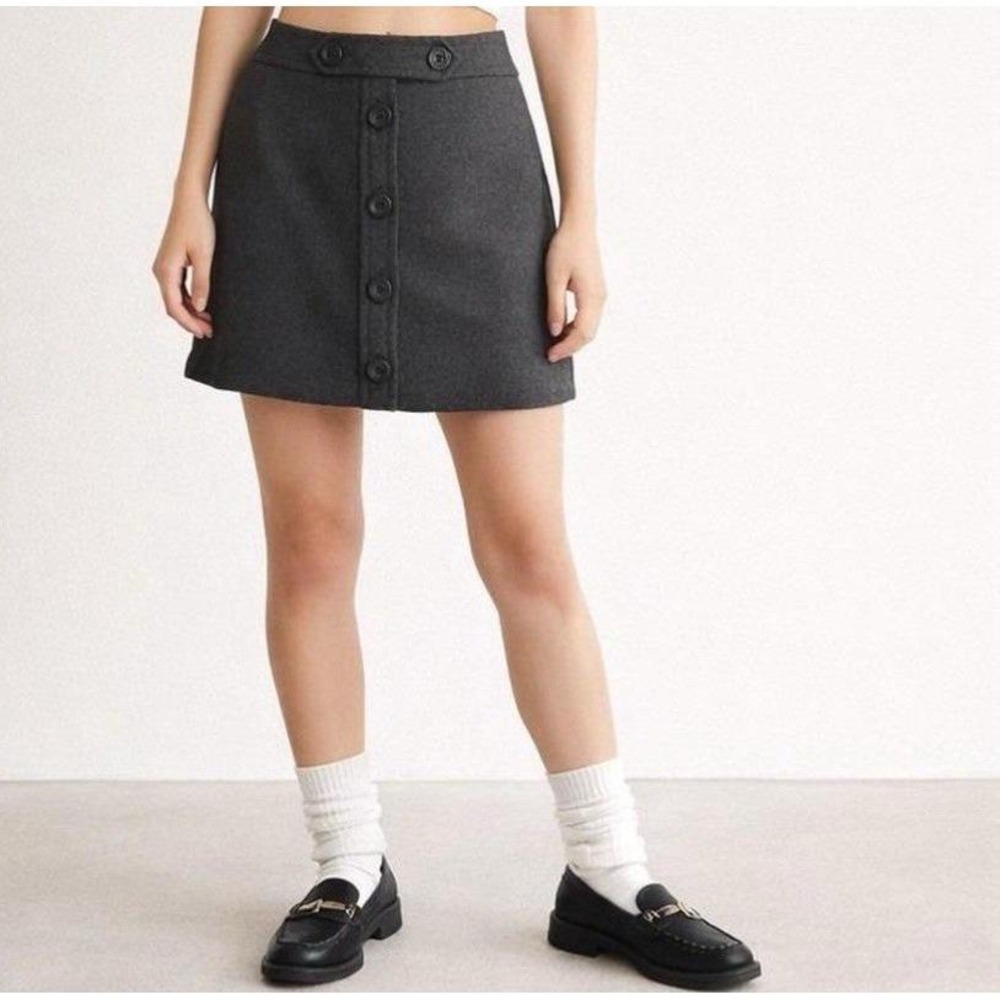 Vintage '06 Gap Mini Skirt Wool Blend Button Front ALine Charcoal Gray Preppy 10